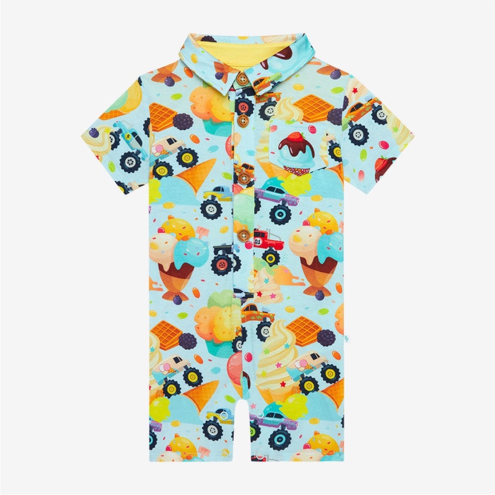 Posh peanuts boys monster trucks collared Henley romper